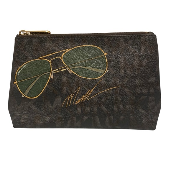 Michael Kors Brown/Gold/Green Cosmetic Bag w/ Sunglasses Design - Picture 1 of 8